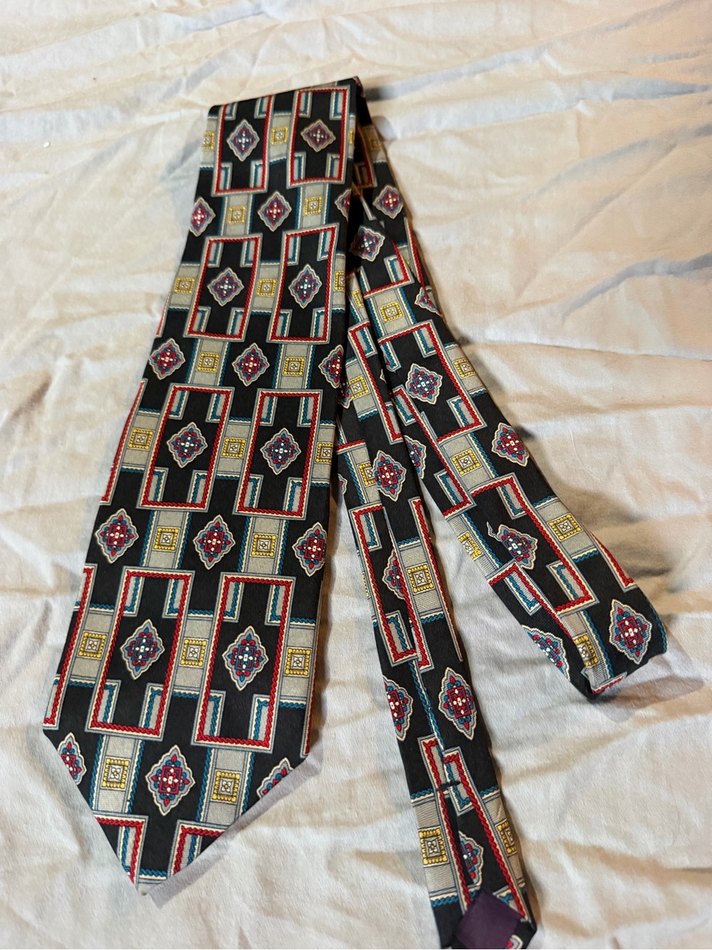 Men's Black Geometric Print Tie with Multicolor Accents